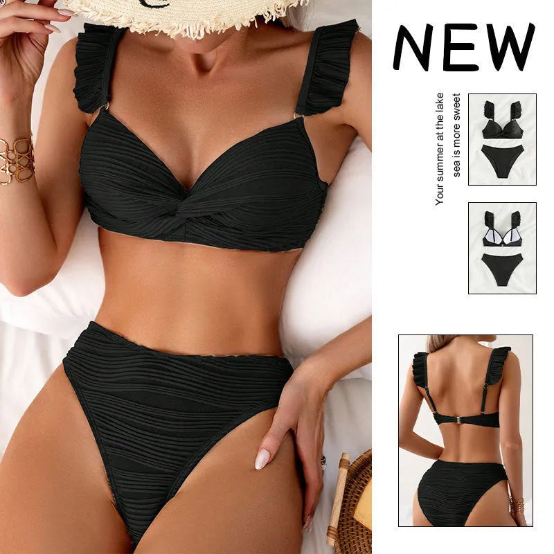 Women's solid colour bikini swimsuit in black and khaki options with Asian sizing