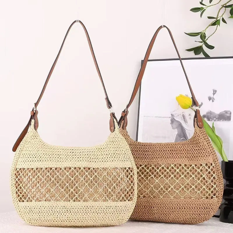 Women's khaki straw cross body bag with sandwich pockets in horizontal square shape