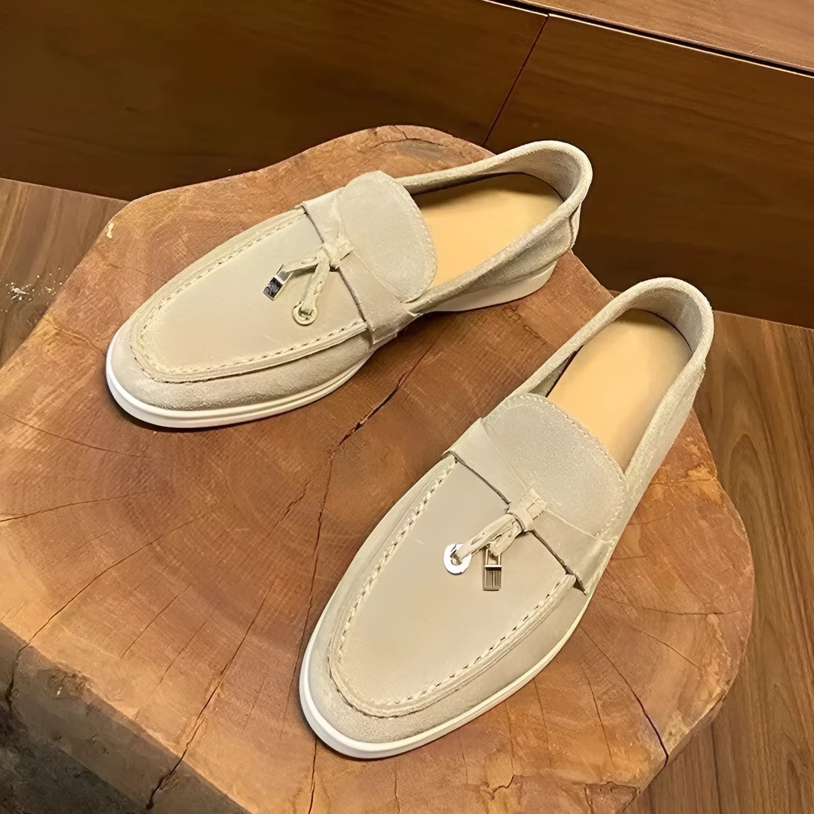Neutral slip-on loafers with high-top artificial PU upper and Gommino rubber soles