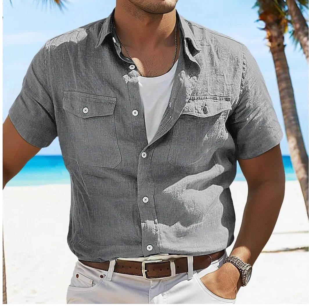 Men's cotton linen summer shirt with polo collar in solid colours