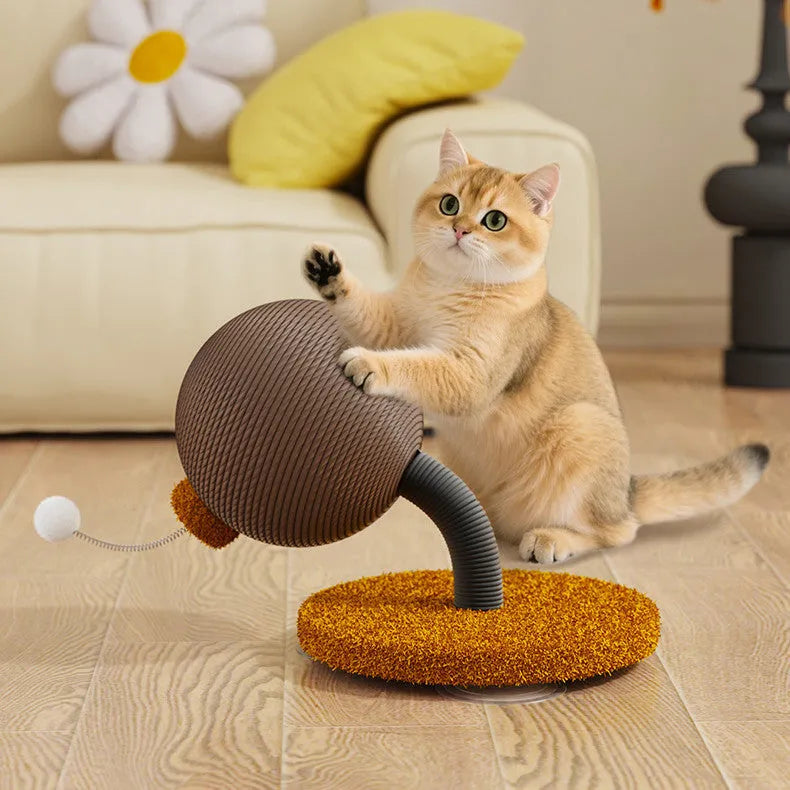 Hemp rope cat scratch board with attached ball toys in large and small size options.