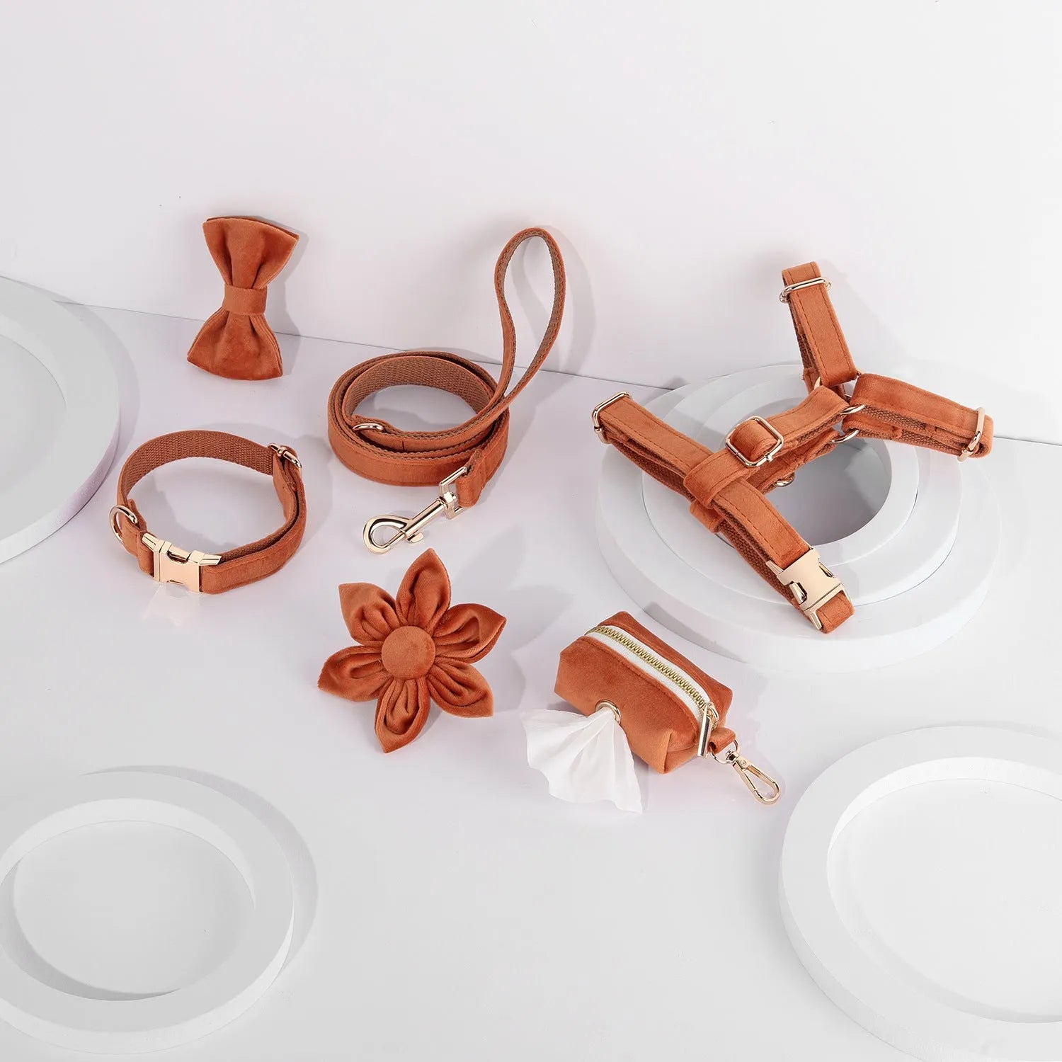Classic velvet dog collar and matching lead set with chest strap, bow tie, and flower accessory in assorted colours.
