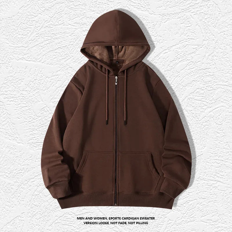 Men's heavyweight zip hooded sweater in charcoal grey showing front kangaroo pockets and adjustable hood