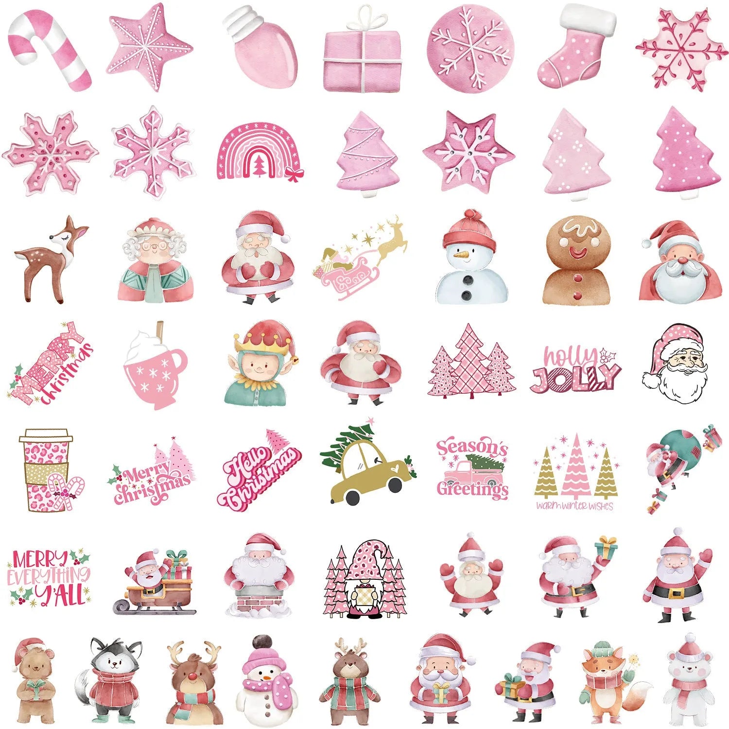 Assortment of 50 cute Christmas-themed waterproof stickers in various designs, each between 4cm and 8cm in size.