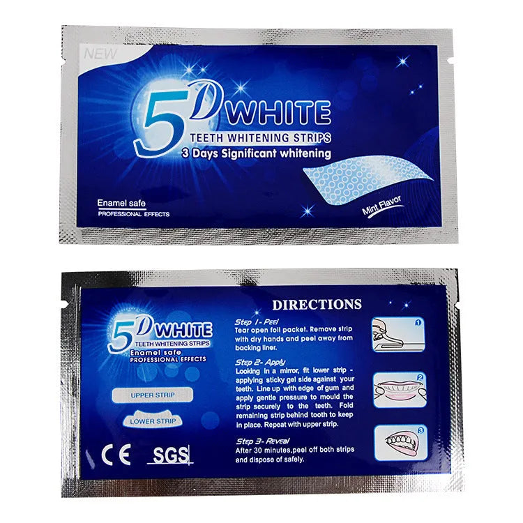 5D Gel Teeth Whitening Strips with mint flavour in photo colour packaging for false teeth and veneers