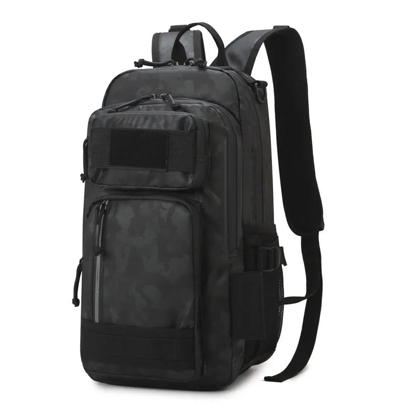 Large orange and black outdoor backpack with 20-35 litre capacity for hiking and camping