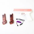 Blue electric space water gun with USB charging cable and large water tank on outdoor patio