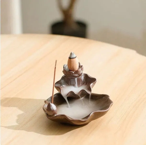 Ceramic reverse flow incense burner with purple clay construction and crystal glaze finish