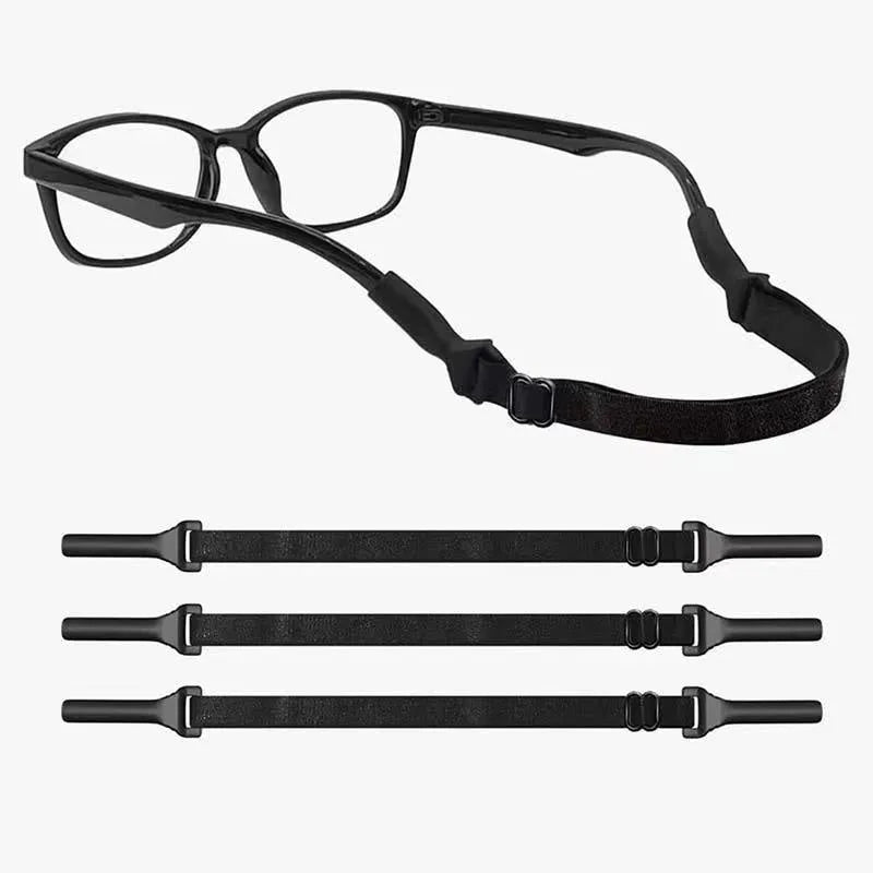 Black adjustable glasses cord with silicone ends shown fitted to a pair of spectacles