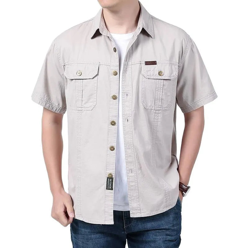 Men's solid colour cotton short sleeve cardigan shirt in dark blue, regular fit, summer wear