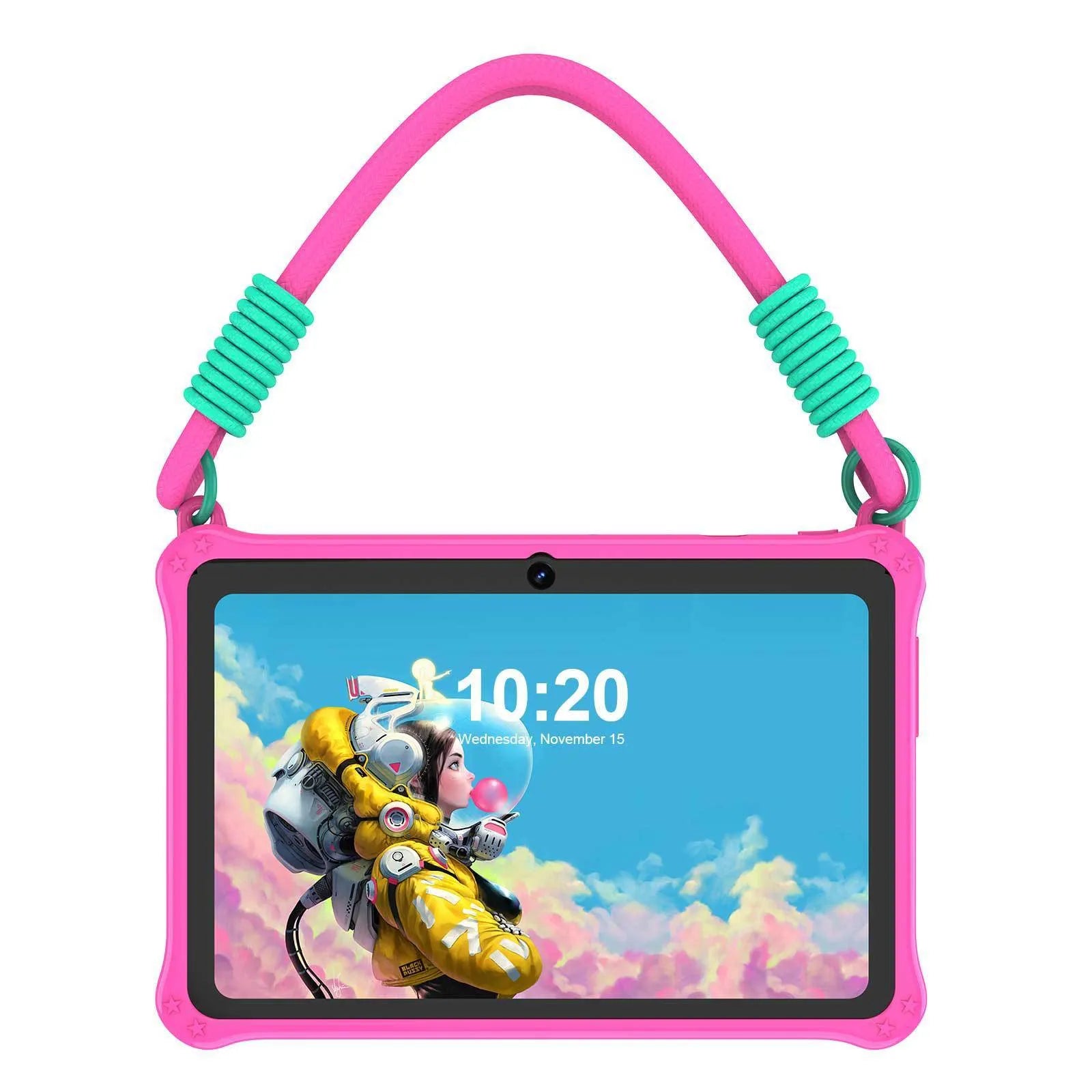Sapphire blue silicone protective case for a 7-inch children's tablet showing the flat strap attachment point.