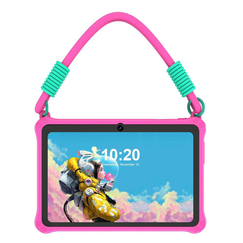 Sapphire blue silicone protective case for a 7-inch children's tablet showing the flat strap attachment point.