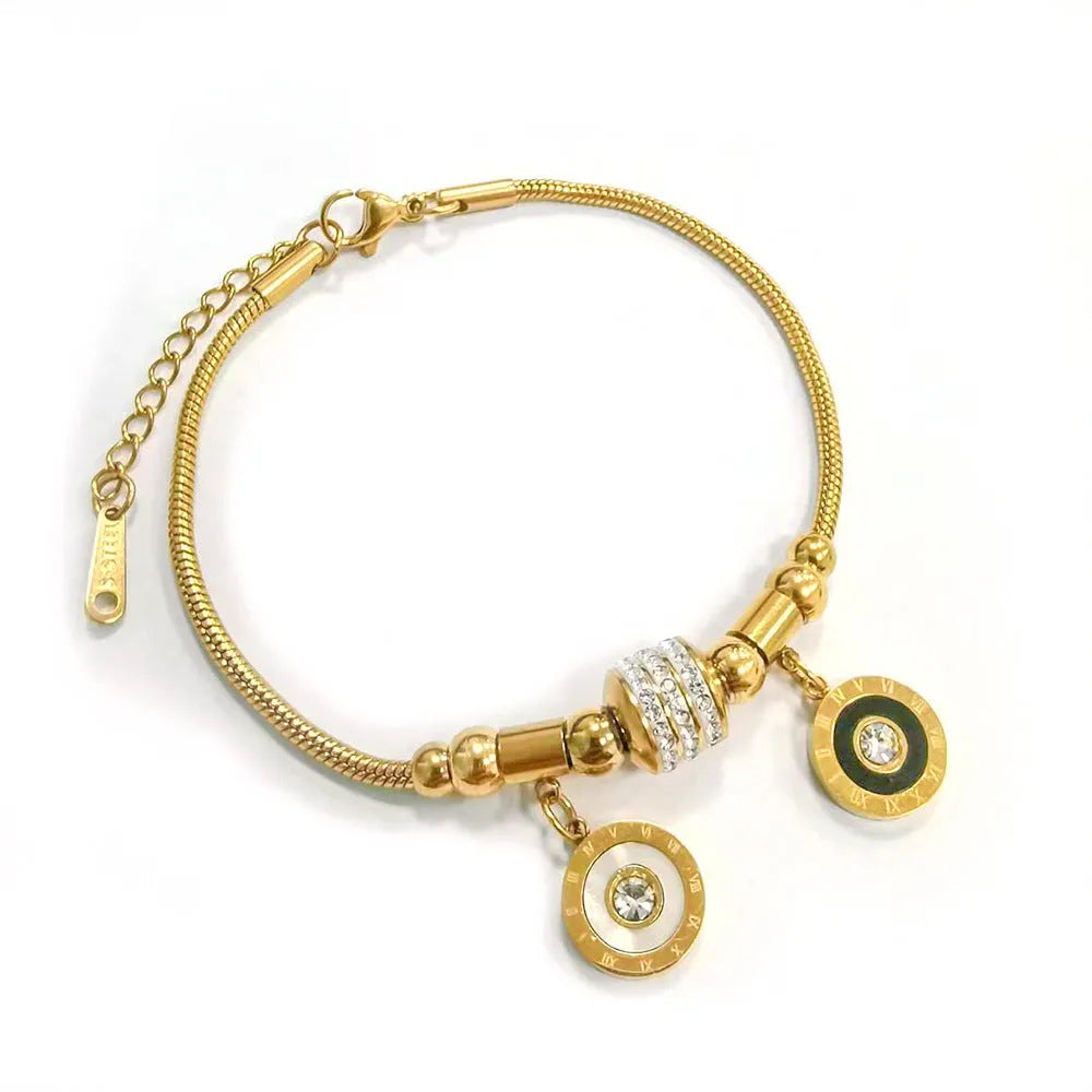 Titanium steel bracelet with electroplated colour and an inlaid shell design, showing pattern options like a five-pointed star.
