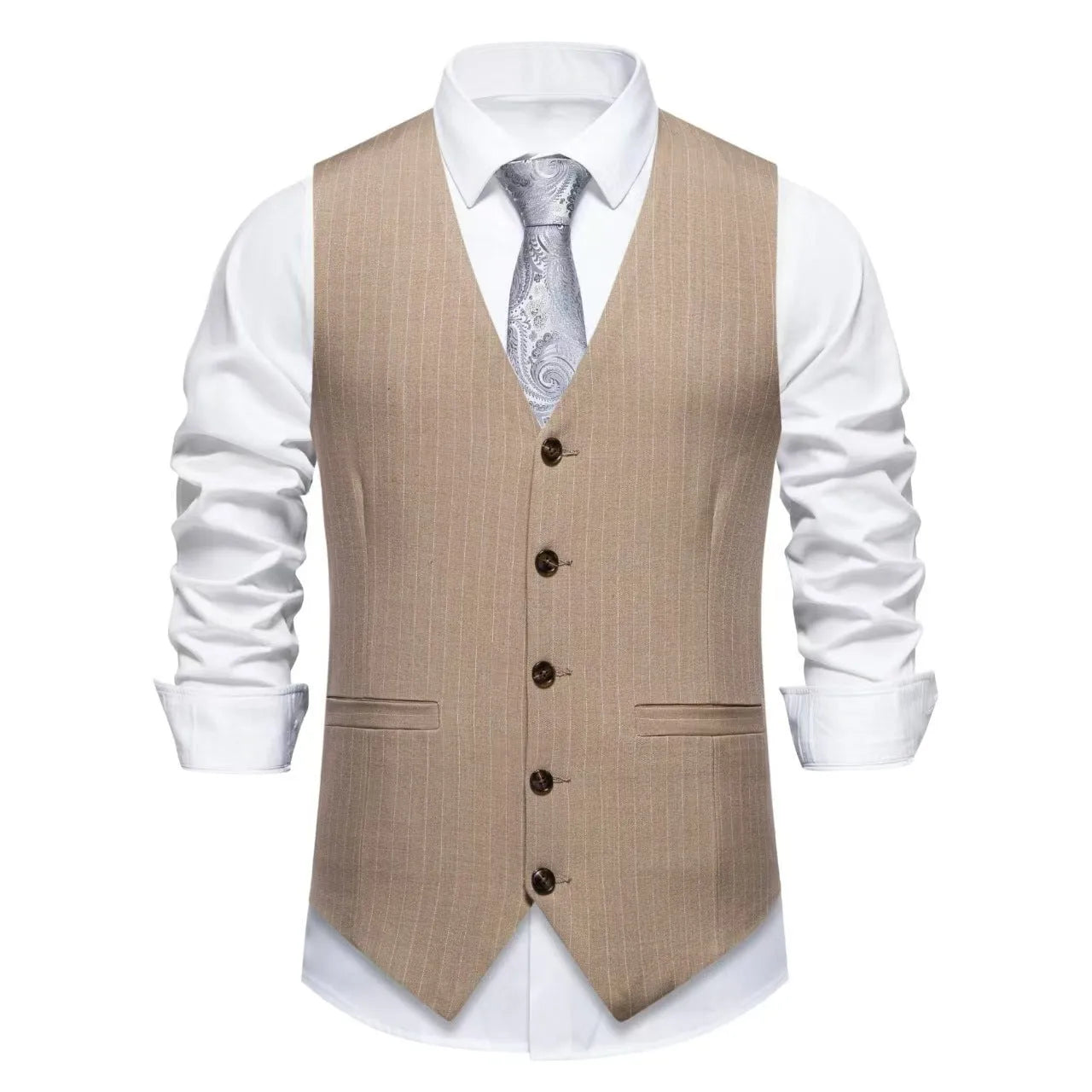Men's striped polyester waistcoat with non-ironing finish on a hanger.