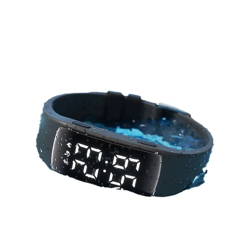 Waterproof vibration alarm clock watch with LED display and adjustable silicone strap in multiple colour options