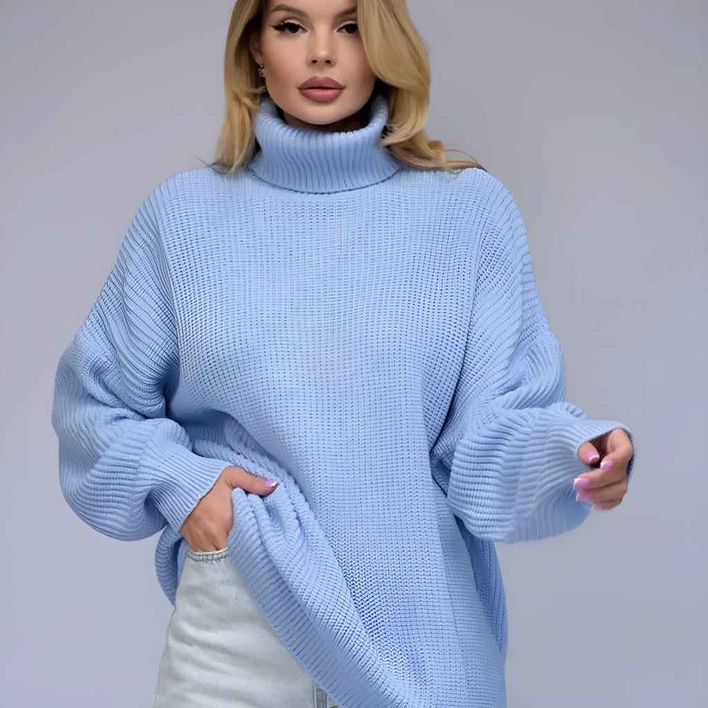 Women's solid colour high neck pullover sweater in imitation cashmere fabric showing 3D pattern design