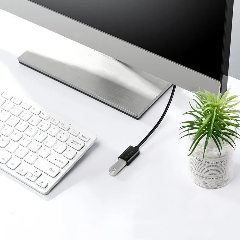 Black USB male to female extension cable showing connectors and available length options up to 5 metres