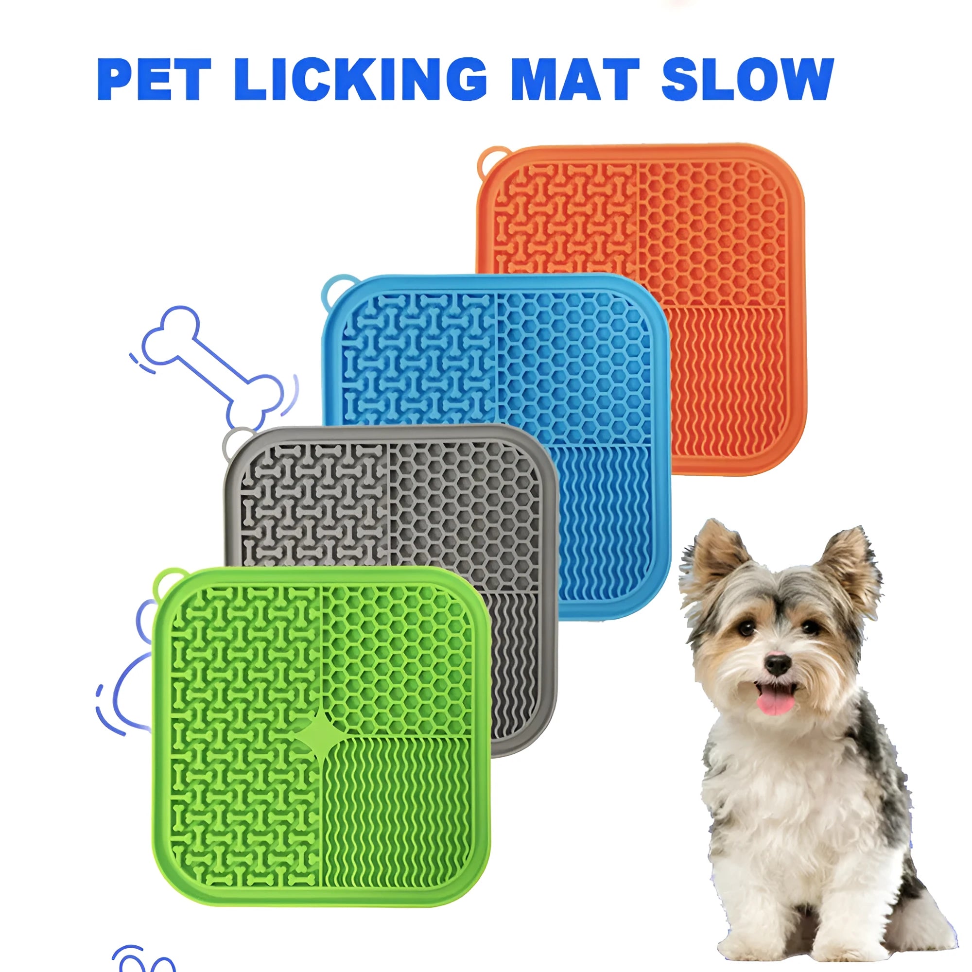 Square orange and blue silicone dog licking mat with textured surface and suction cups on the back.