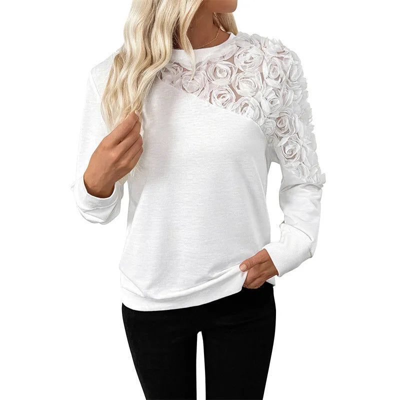 White long sleeve floral pattern pullover top with loose fit