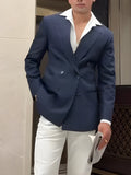 Men's striped double-breasted polyester blazer showing regular fit and traditional styling