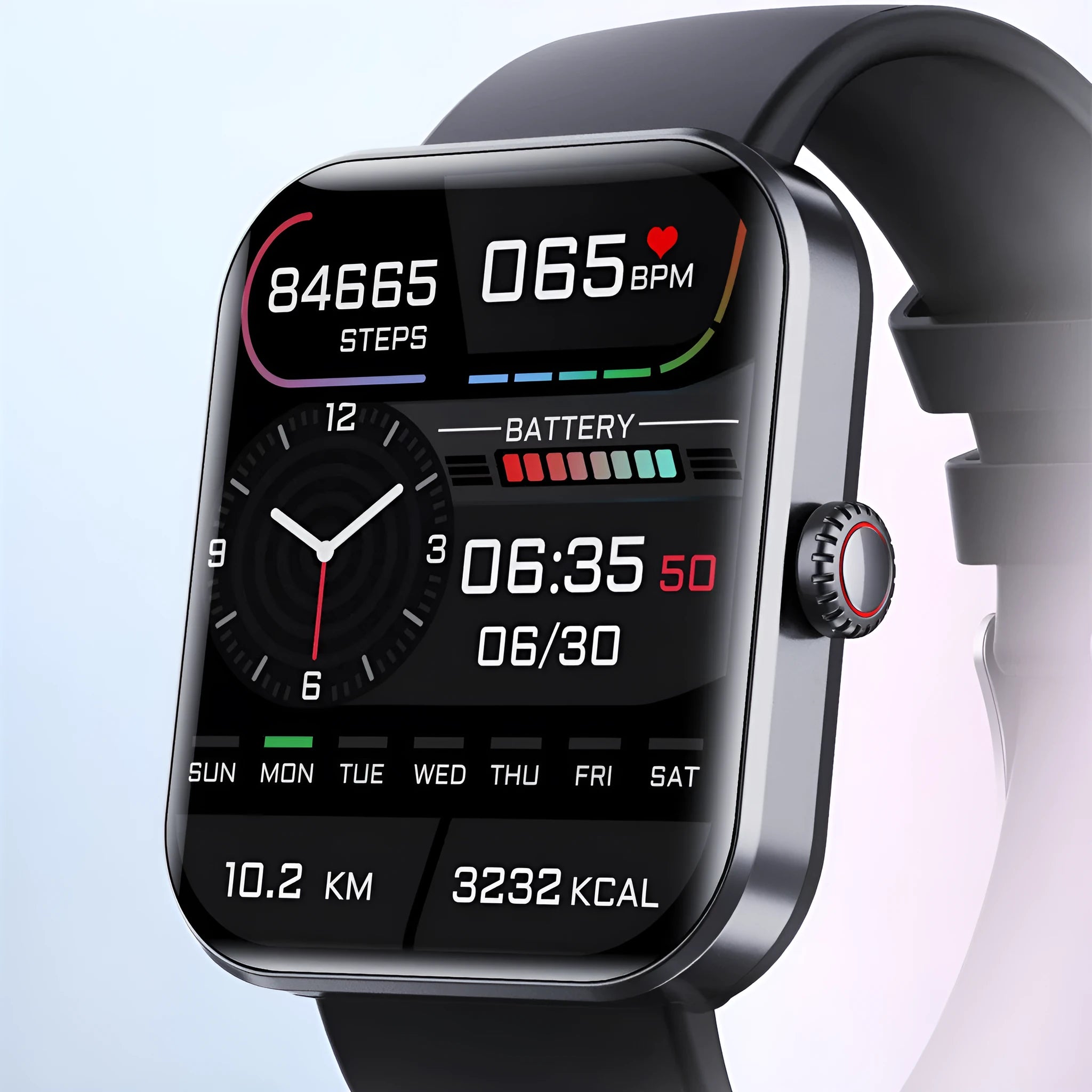 F57L sports watch with heart rate and blood pressure display on IPS touch screen, black silicone strap