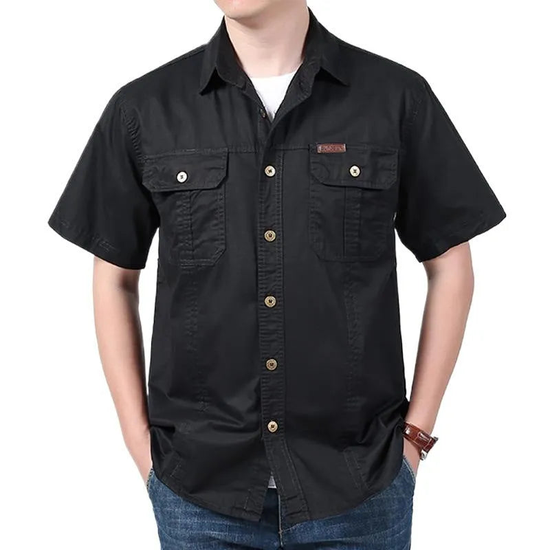 Men's solid colour cotton short sleeve cardigan shirt in dark blue, regular fit, summer wear