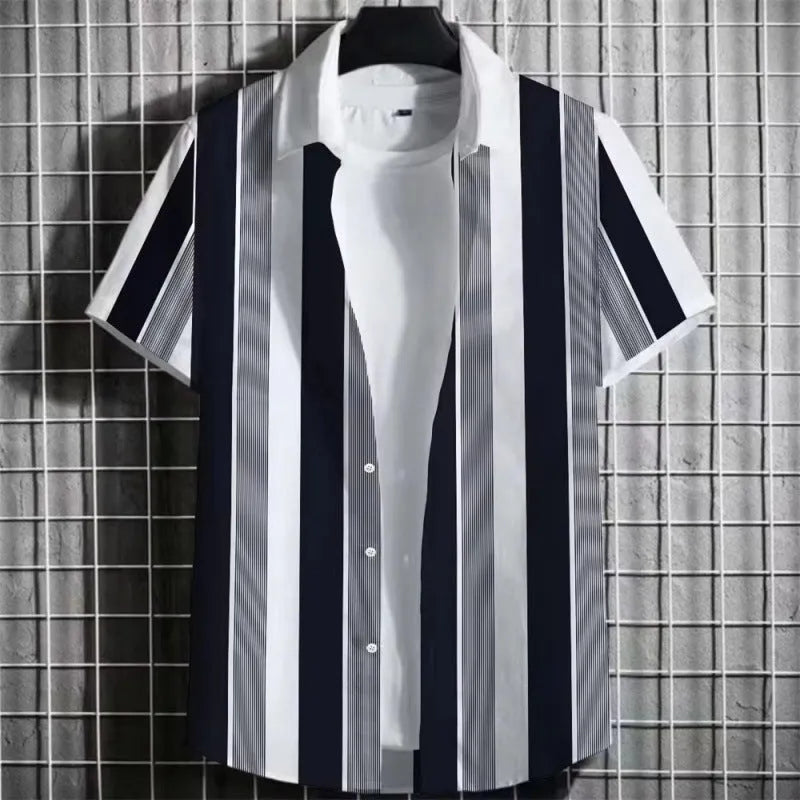 Man wearing a linen short sleeve t-shirt with a 3D printed colour simple striped pattern.