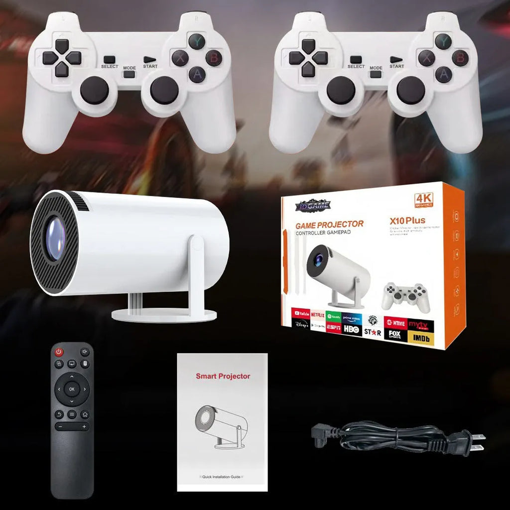 White X10 PLUS portable projection game machine with remote control and gamepad on wooden surface