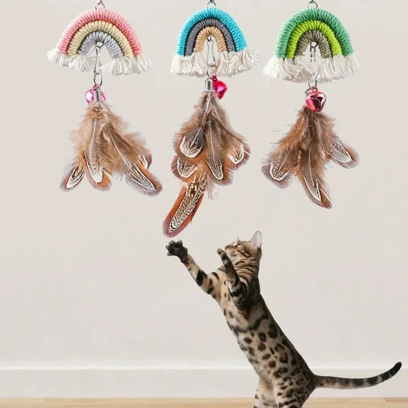 Feather cat rope door swing toy with elastic cord and sticky buckle clamp in blue, green and pink colours