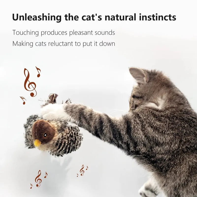 Interactive cat toy electric squeaky simulation bird plush with feather and chirping sound