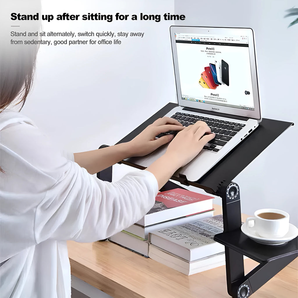 Folding aluminium alloy adjustable laptop desk with built-in fan and mouse panel on the right leg