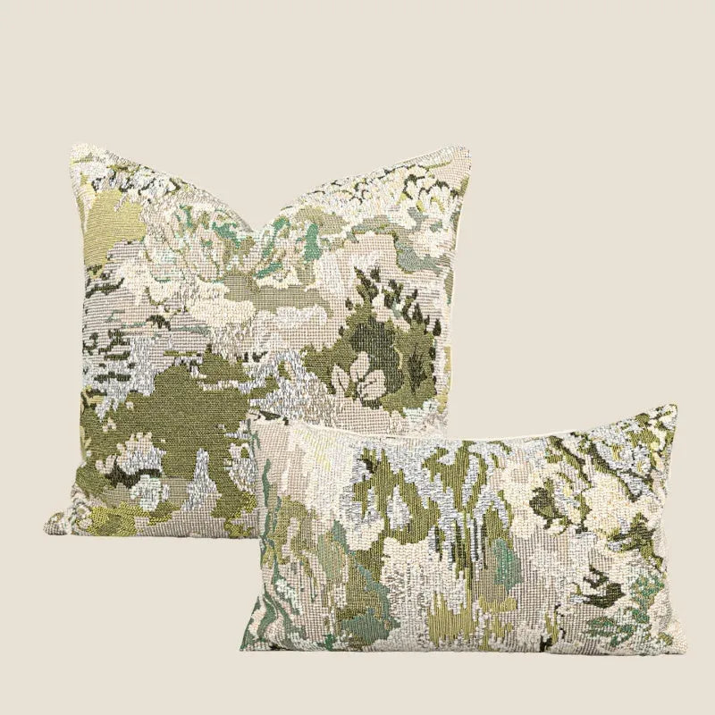 Antique green wool blend pillowcase with French style spring flowers botanical pattern