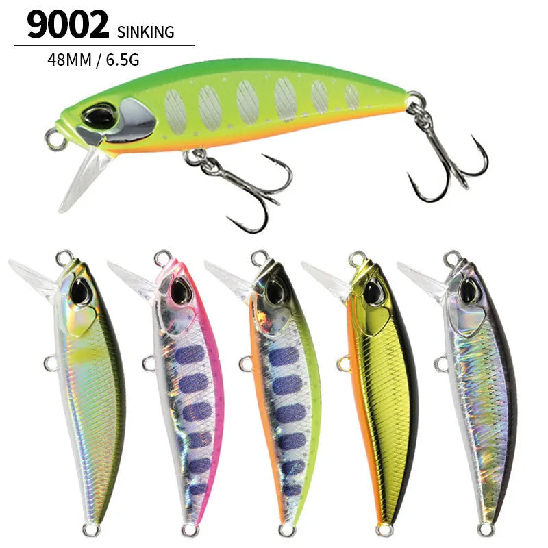 A Japanese submerged mino fishing lure measuring 48mm, shown in one of 14 available colours.