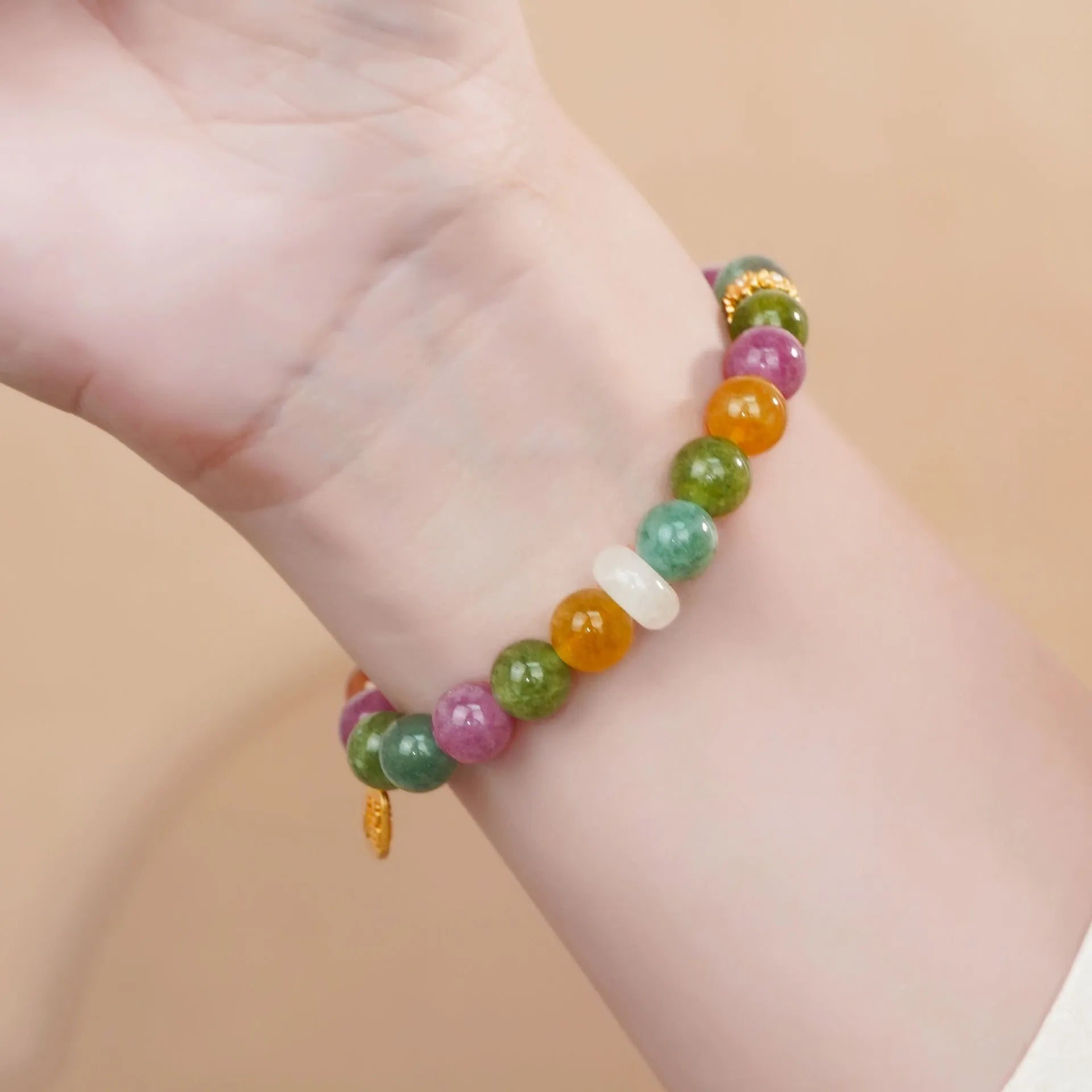 Rainbow tourmaline half bracelet for women with electroplated finish and sweet cool style