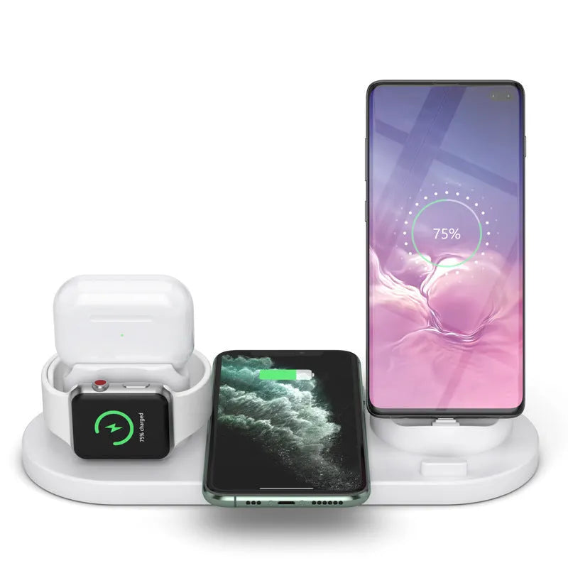 Black 6-in-1 wireless charging station organising a phone, Apple Watch and AirPods on a desk