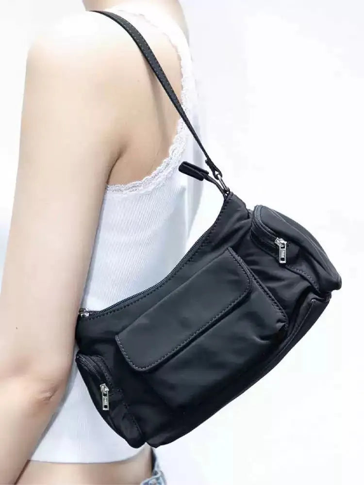 Black PU women's shoulder bag with double pockets and side line detailing