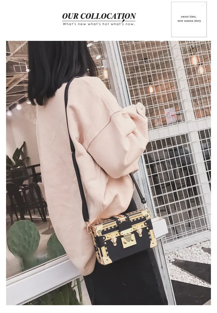Hard structure black PU leather women's flap bag with shoulder strap and hasp closure