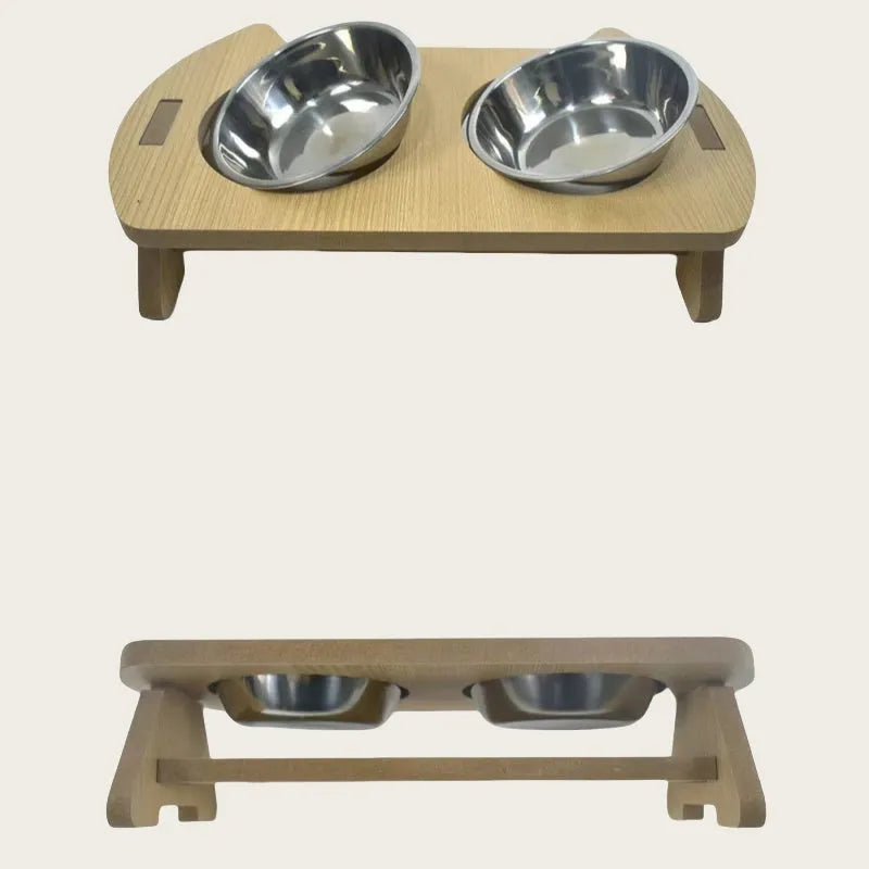 Wooden elevated cat feeder with two stainless steel bowls for food and water