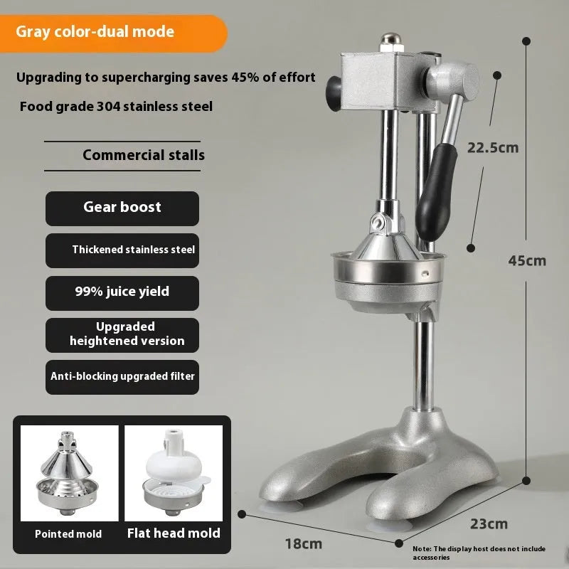 Vertical stainless steel manual juicer showing colour options and tip style variations