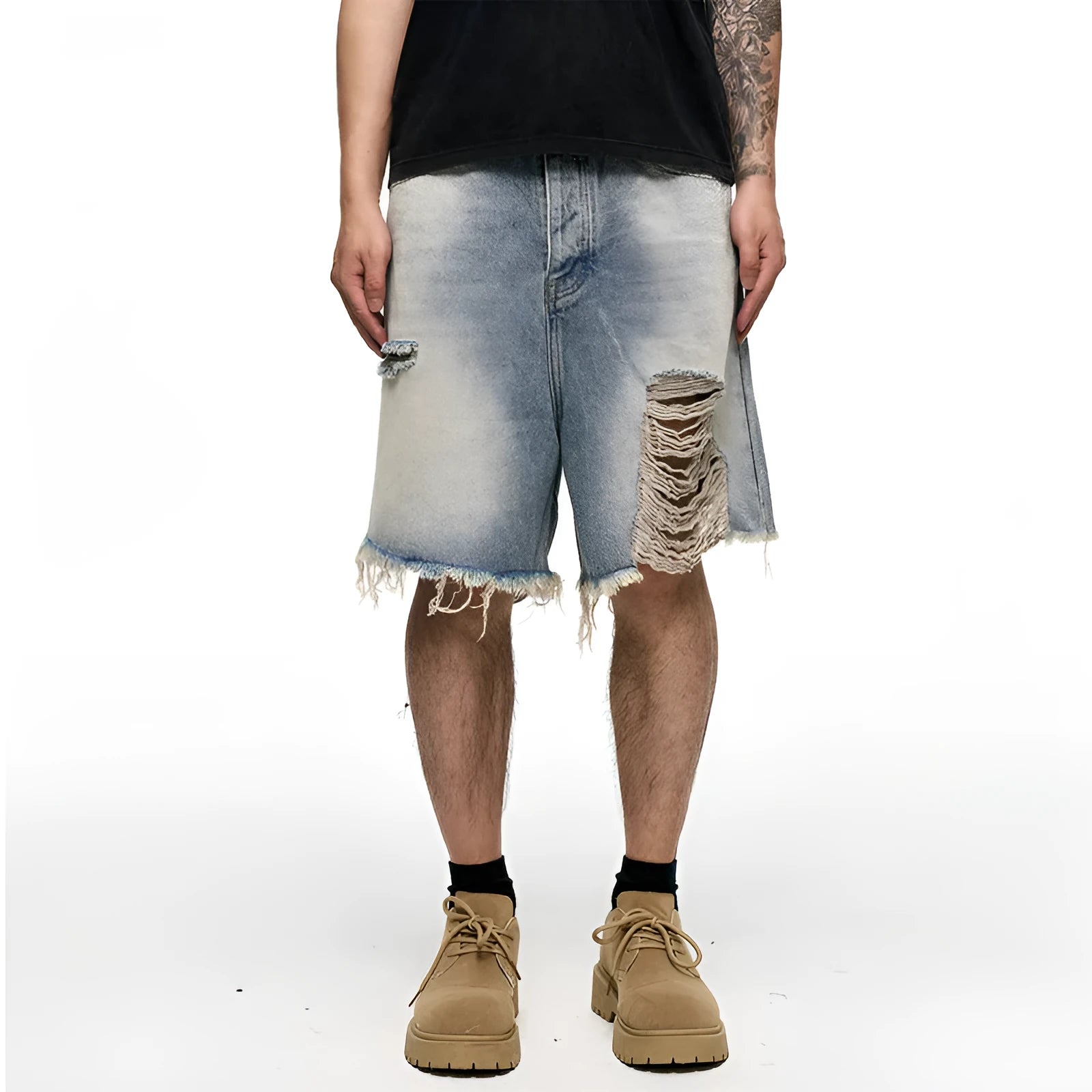 Light blue men's baggy denim shorts with a wide leg and retro washed finish on a mid waist.
