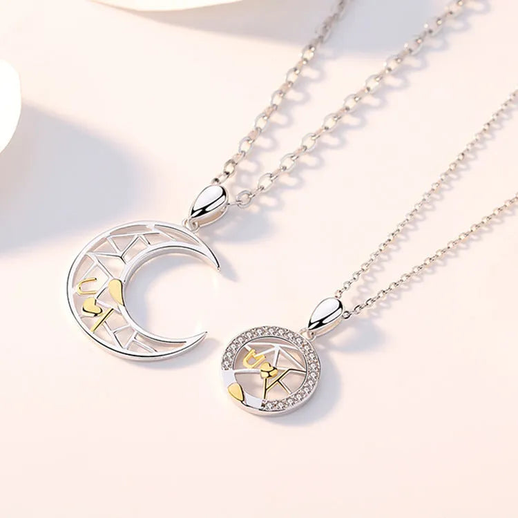 Sun moon tooth couple necklace with copper pendant and cross chain, male and female colour variants