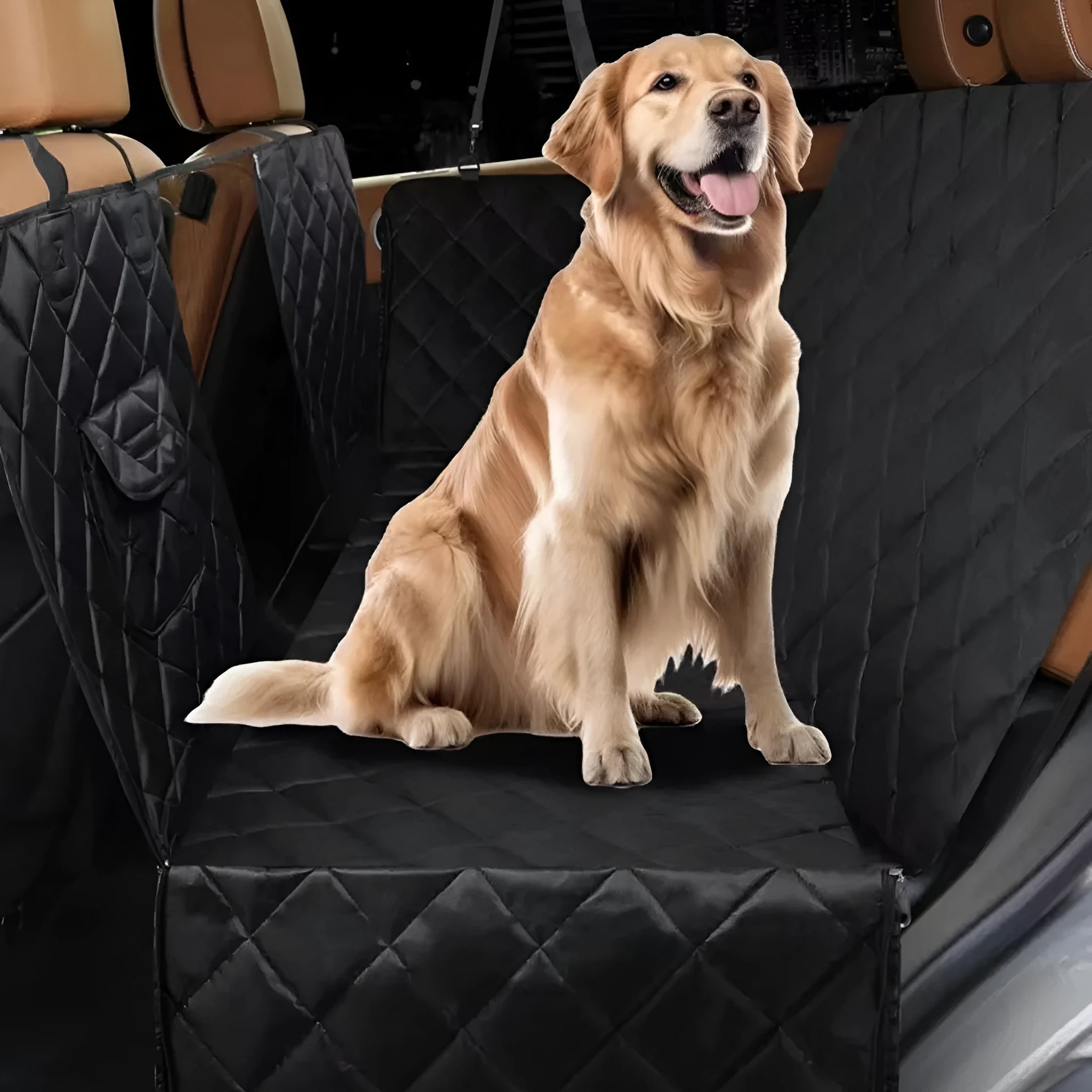Cloth pet car cushion dog mat shown in black and grey style options on a car seat.