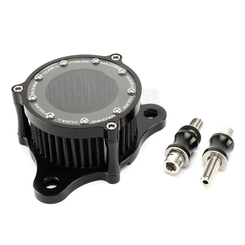 Harley Davidson CNC aluminium retro air filter with transparent glass element showing black filter