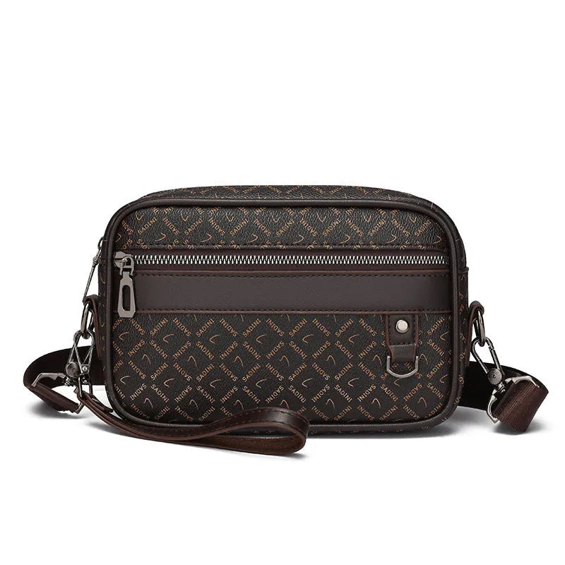 Men's black geometric pattern PU messenger bag with a shoulder strap, shown horizontally.