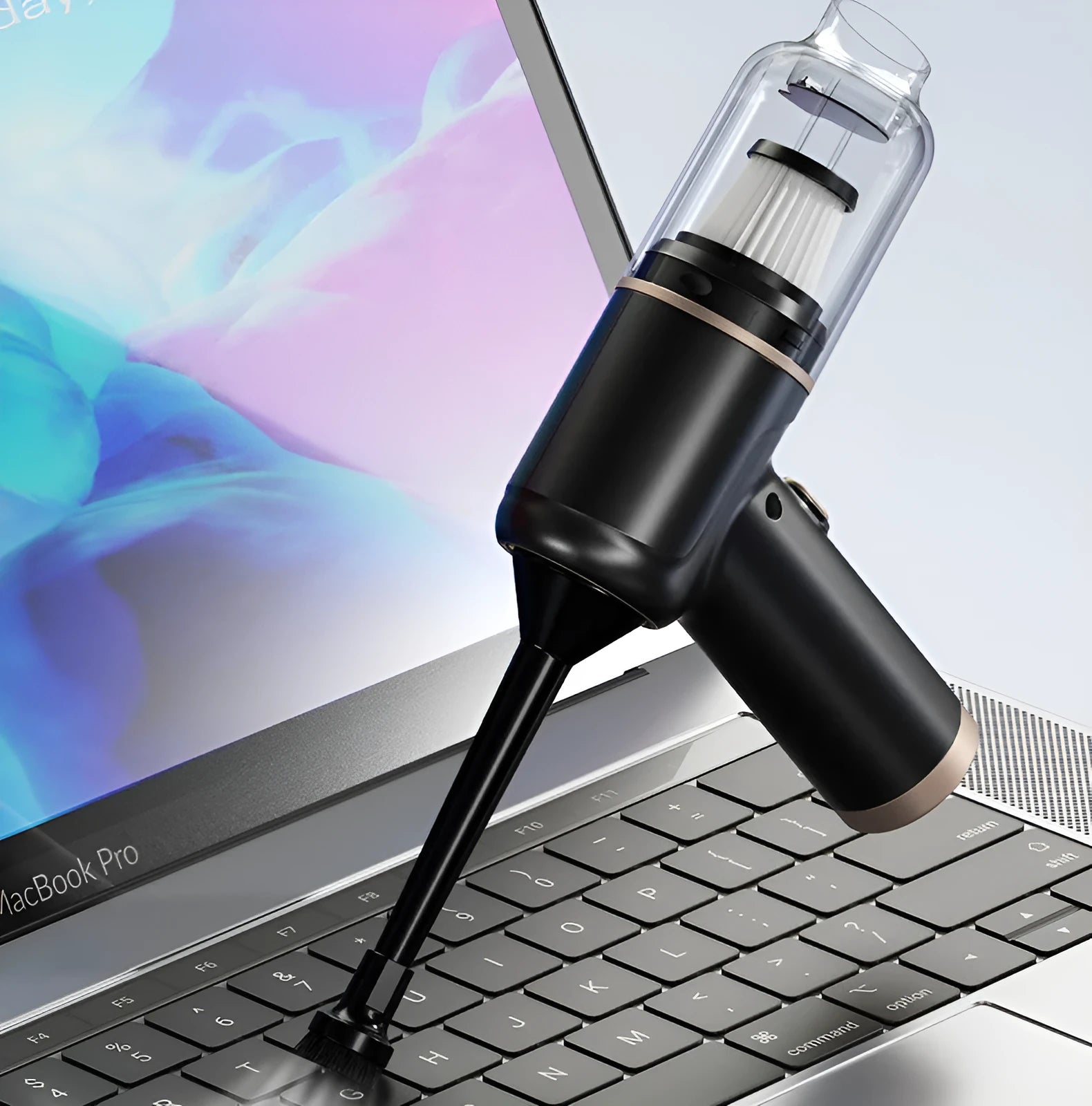 Black wireless handheld car vacuum cleaner with multiple nozzle attachments on a white background.