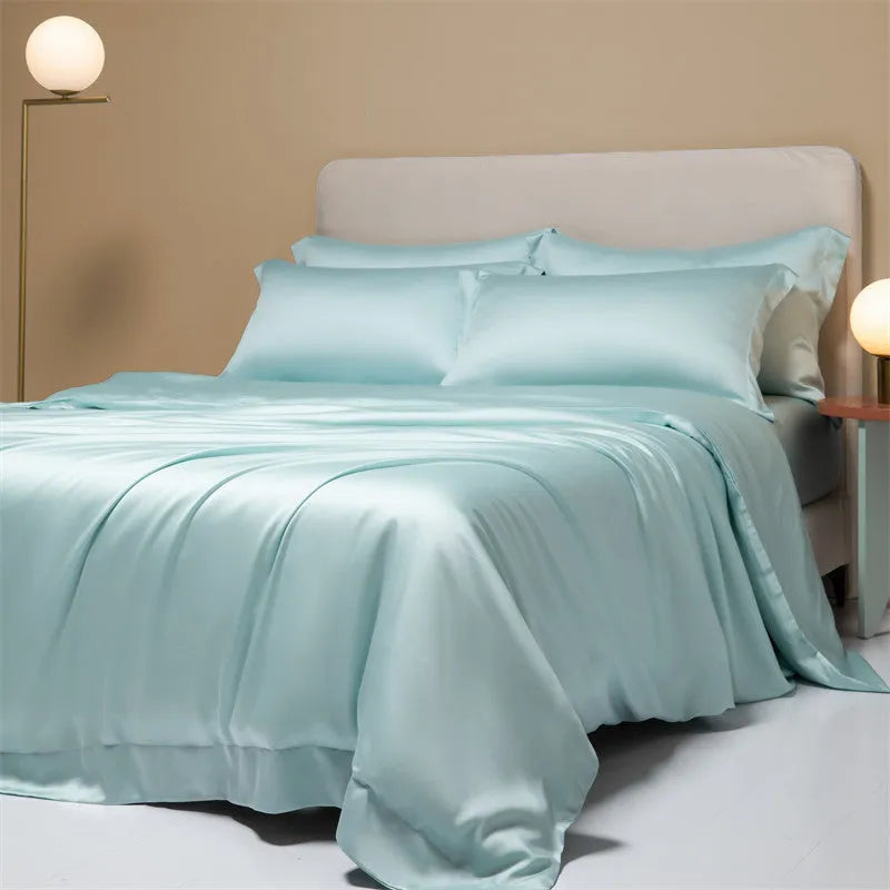 Luxury Tencel Lyocell bedding set with quilt cover, sheet, and pillowcases in grey.