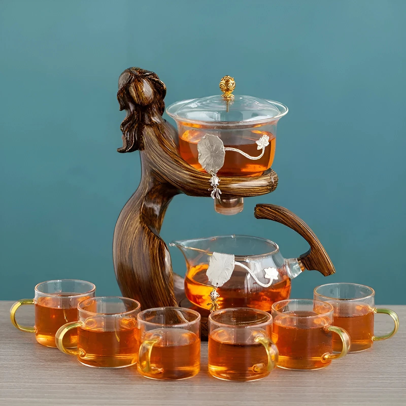 Maid semi-automatic tea set with borosilicate glass teapot, stainless steel filter, and Chinese-style woman sculpture base