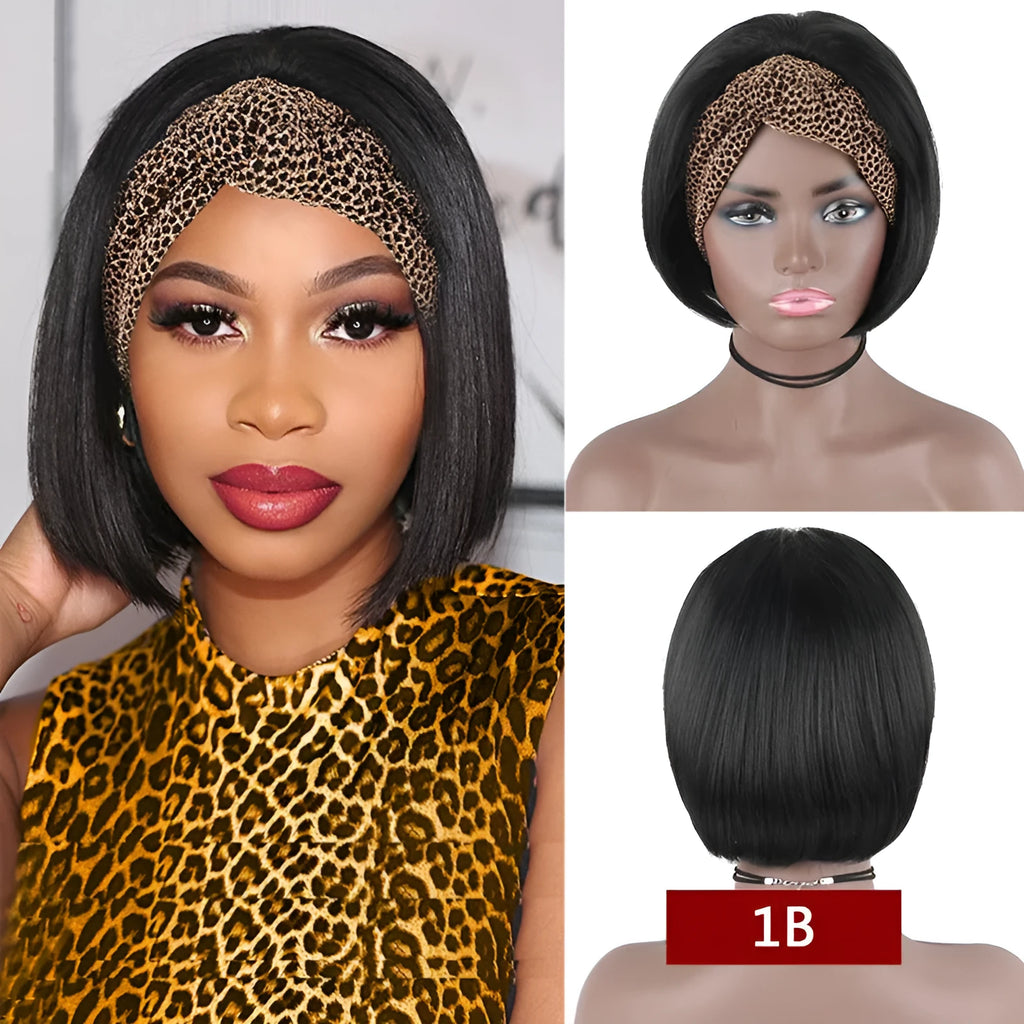 Human hair headband wig straight bob in 1B natural colour, 10 inch length, no glue style