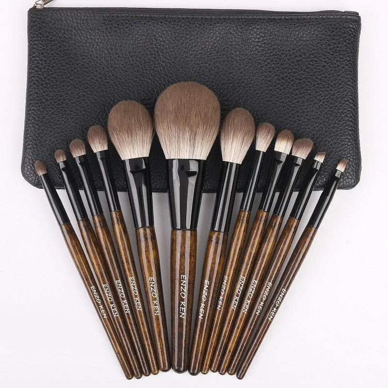 12-piece makeup brush set with wooden handles in portable PU brush roll