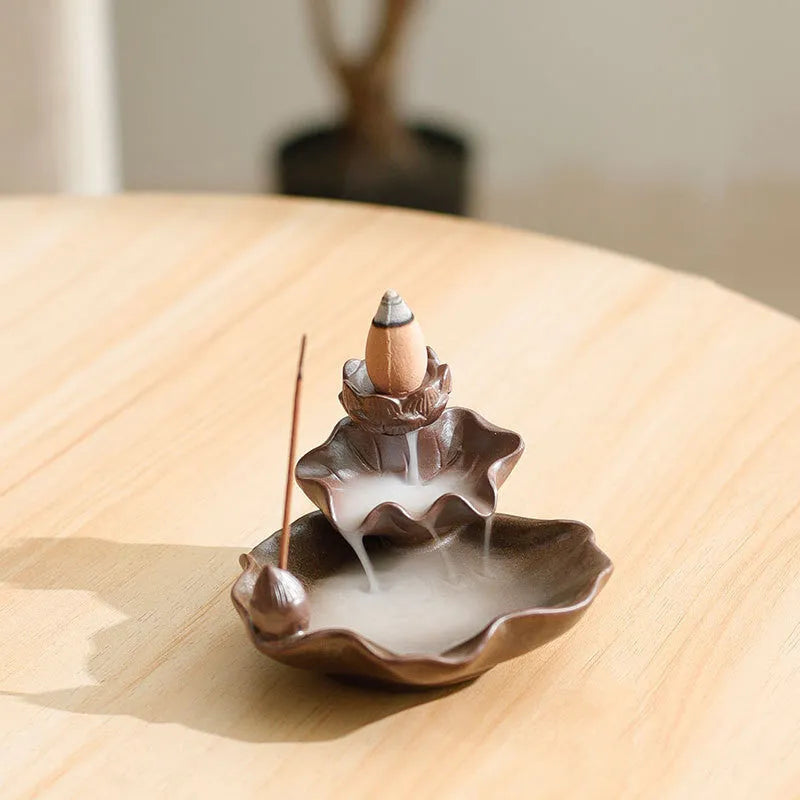 Ceramic reverse flow incense burner with purple clay construction and crystal glaze finish